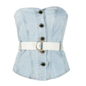 Pinko Comfort Denim Bustier Top Womens 4 Light Wash Blue Strapless Belted Italy